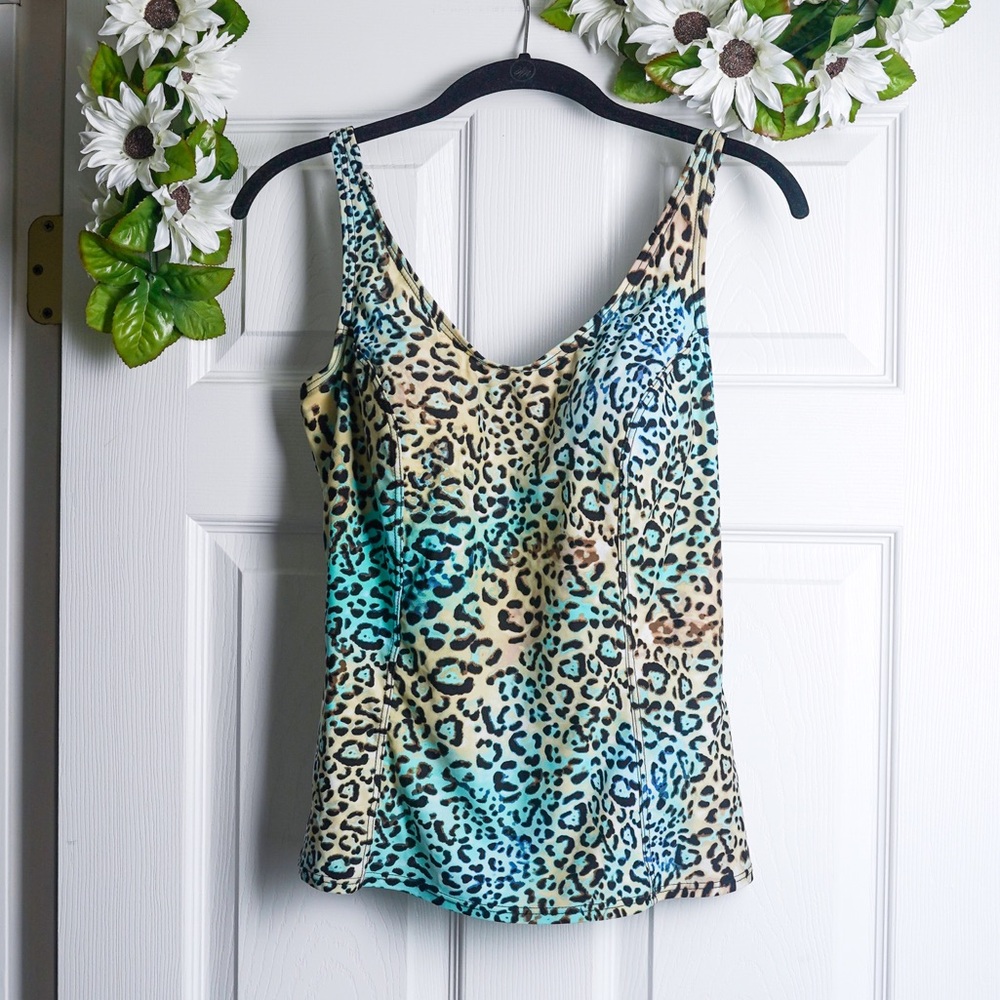 St John's Bay Leopard Print Tankini Swim Top Size 12 Teal Tan